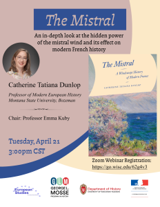 This is a poster that contains all the same information as the webpage with a picture of the speaker and a picture of her book. The book has an image that looks like am impressionist painting of a bush on a cliff overlooking the sea. 