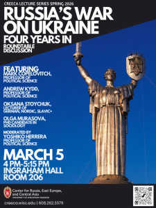 Poster for event with image of female statue holding a sword and a shield with a Ukrainian symbol on it. 