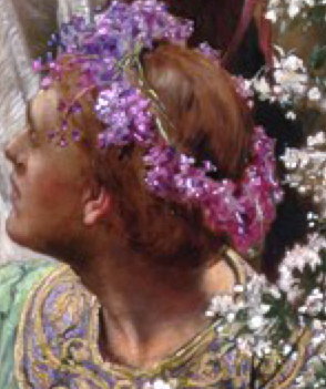 A man in wearing a purple floral crown looks up and behind.