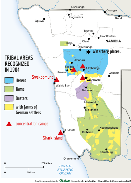 Map of Tribal Areas Recognized in 1904 in what was German Southwest Africa.